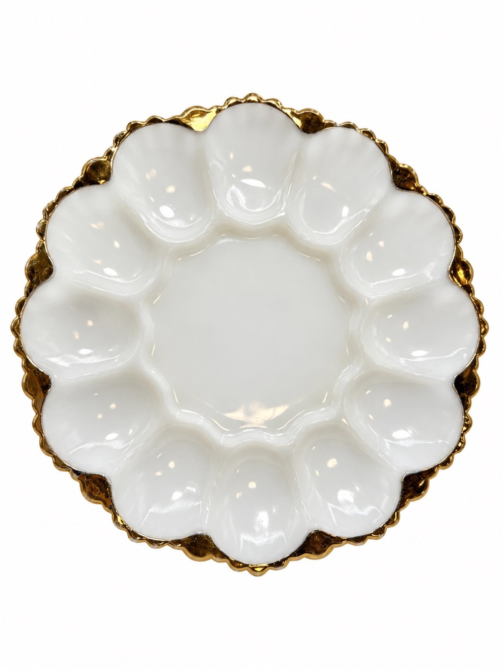 Devilled Eggs Serving Dish Plate Platter White Gold 50s Milk Glass